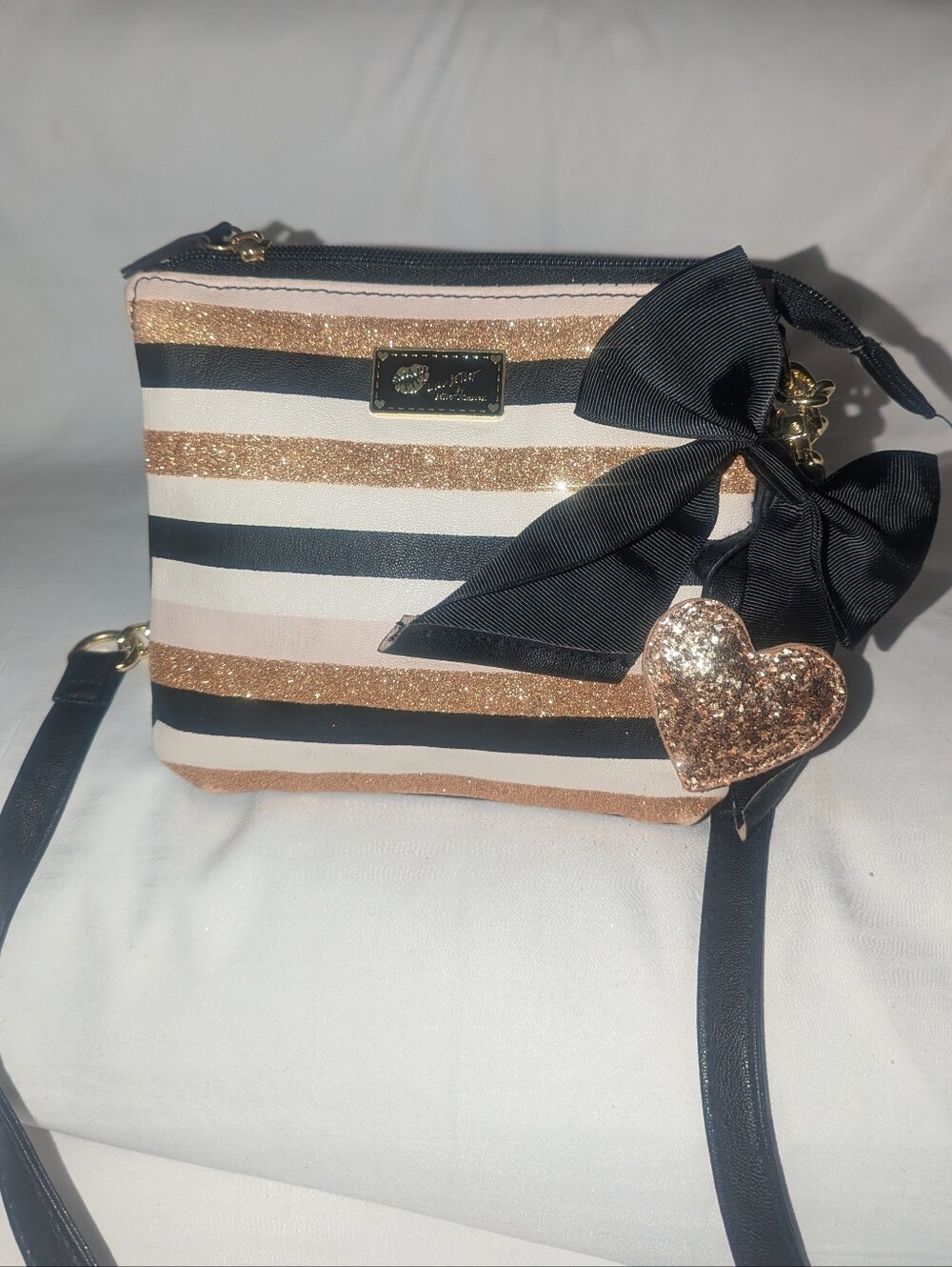 Betsey Johnson Luv Betsey Striped Glitter Crossbody Bag  Bow and Heart Charm